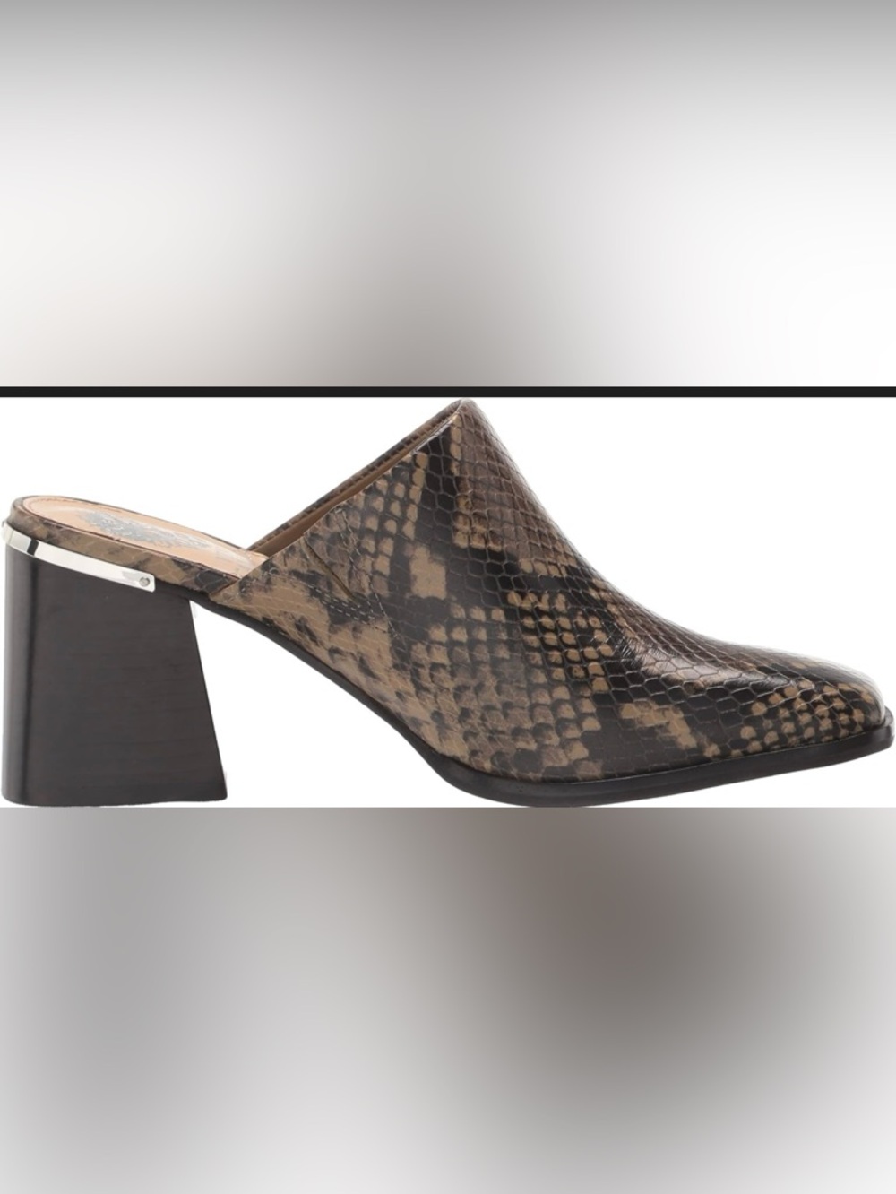 Vince Camuto Black and Brown Snake-Print Mule‎ Heels